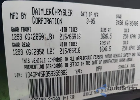 2005 Dodge Caravan Sxt z USA, uszkodzony, nr VIN 1D4GP45R35B359883